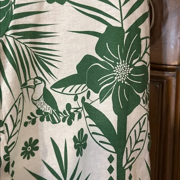 NEW Linen Blend Macaw Elegance Green Cream Leafy Tropical Print Wide Leg Pants S - Picture 10 of 17
